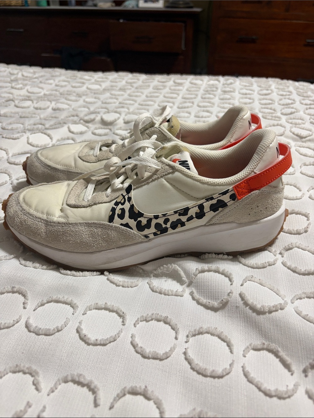 Nike Women's Cream Sneakers with Leopard Swoosh and Orange Heel